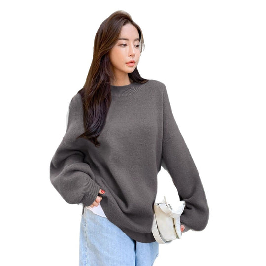 Damen oversized Strickpullover mit Rundhalsausschnitt und breiten Ärmeln EB