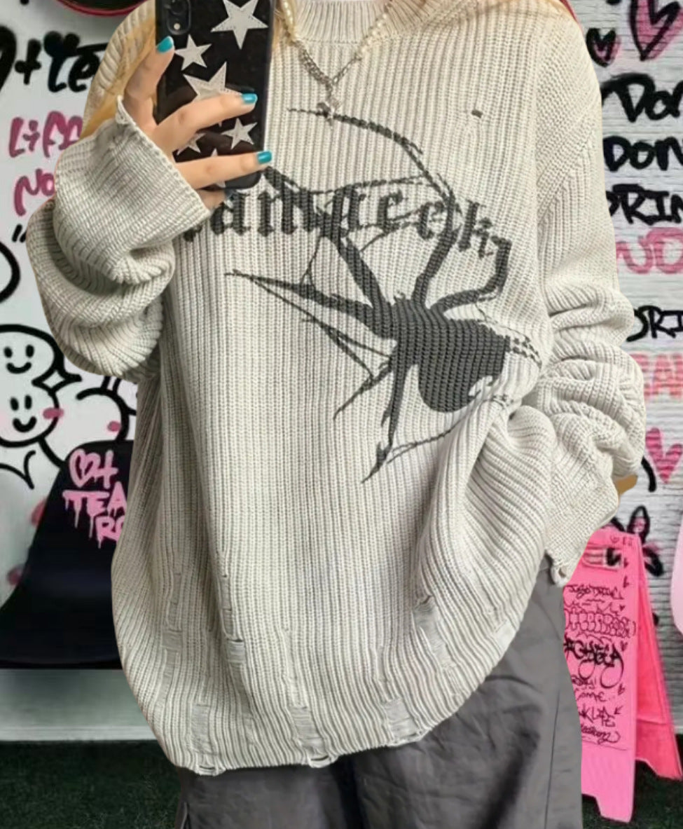 Damen Oversized Strickpullover mit auffälligem Spinnenmuster EB