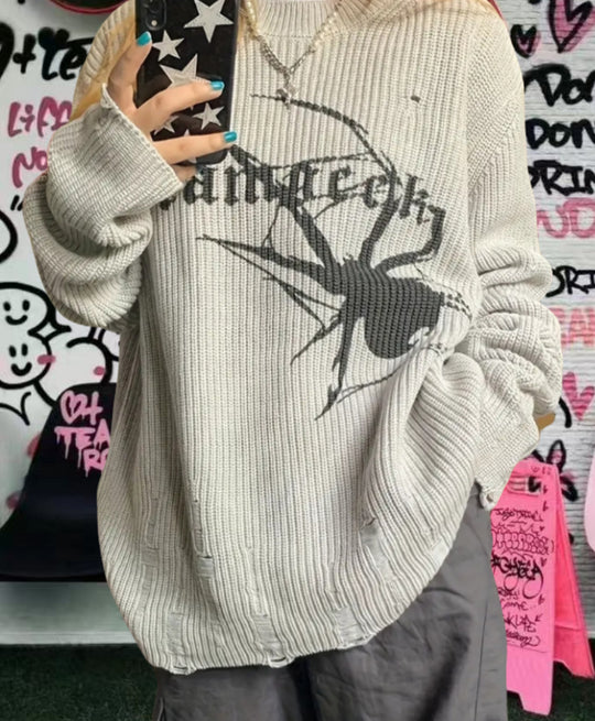 Damen Oversized Strickpullover mit auffälligem Spinnenmuster EB