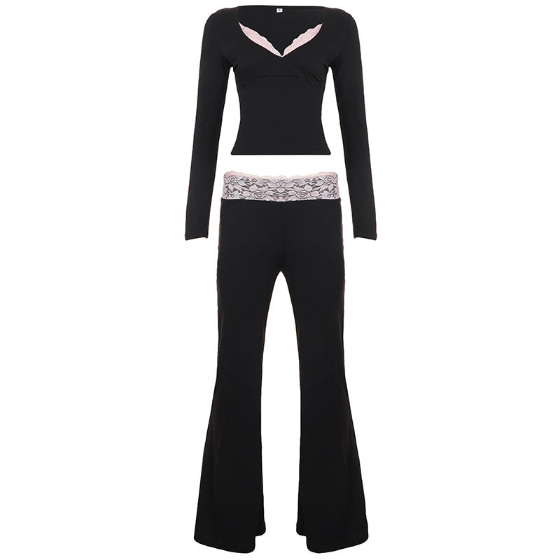 Damen nan Lounge-Set mit Spitzenbund, V-Ausschnitt und ausgestellter Schlaghose EB
