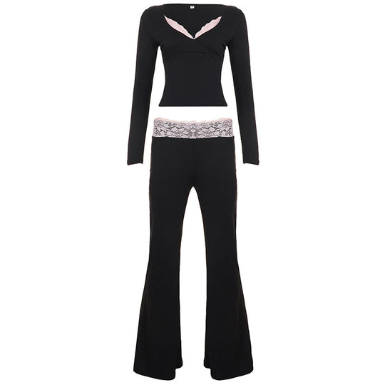 Damen nan Lounge-Set mit Spitzenbund, V-Ausschnitt und ausgestellter Schlaghose EB