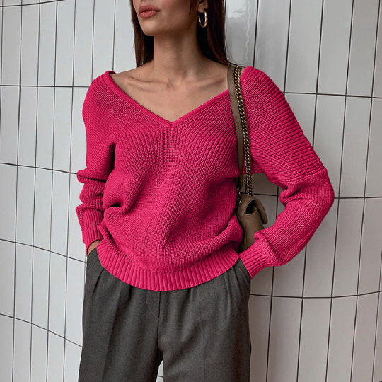 Damen Modischer Strickpullover mit tiefem V-Ausschnitt und schmeichelhaftem Schnitt EB