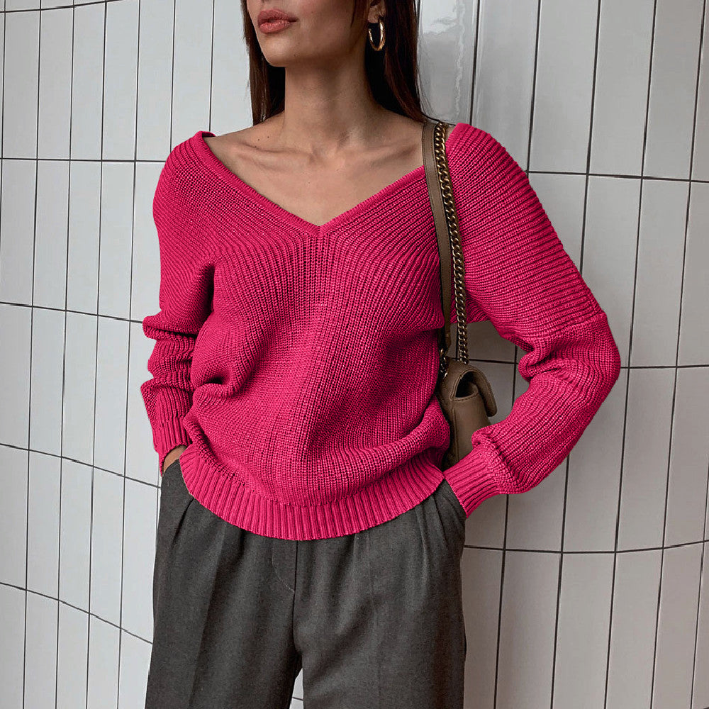 Damen eleganter V-Ausschnitt Pullover mit feiner Rippenstruktur und überschnittenen Schultern EB