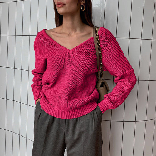 Damen Modischer Strickpullover mit tiefem V-Ausschnitt und schmeichelhaftem Schnitt EB