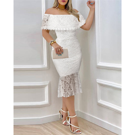 Damen Off-Shoulder Spitzenkleid mit voluminösem Saum EB