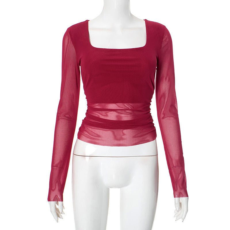 Damen Langarmoberteil mit gerafftem Design und elegantem Quadrat-Ausschnitt EB