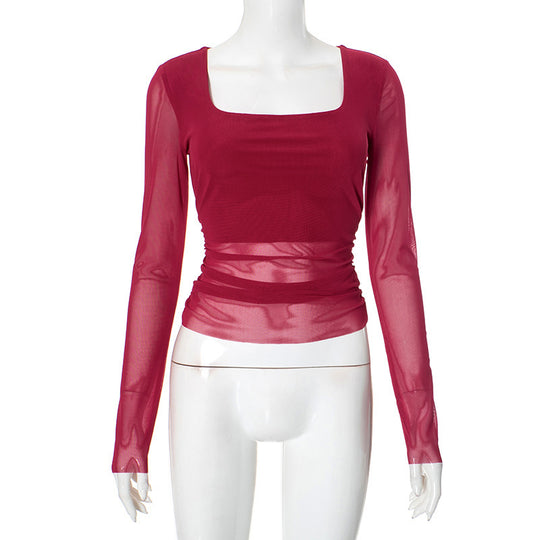 Damen Langarmoberteil mit gerafftem Design und elegantem Quadrat-Ausschnitt EB