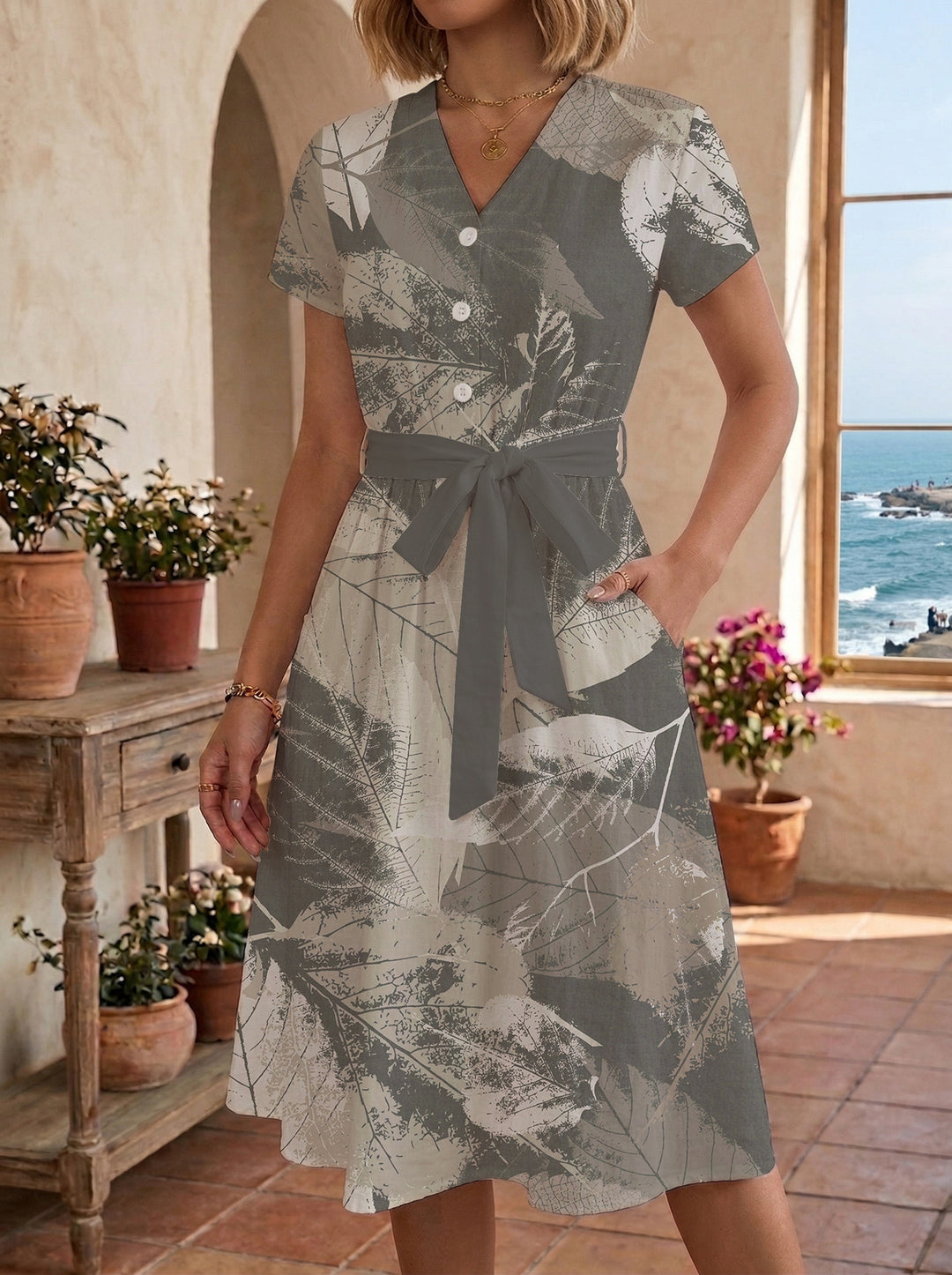 Damen Blühendes Midikleid mit taillierbarem Gürtel und kunstvollem Print EB