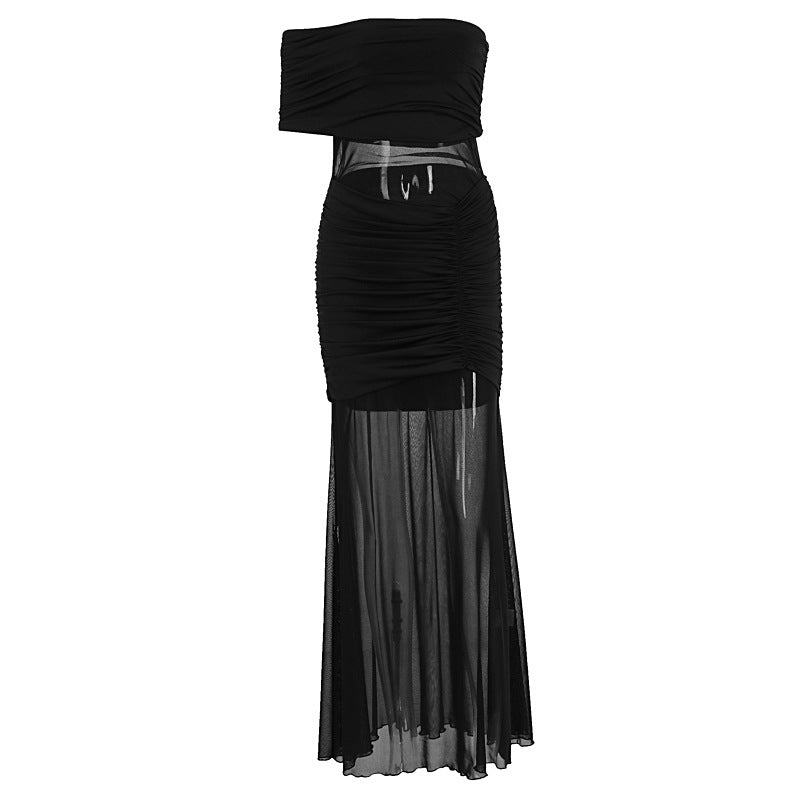 Damen Off-Shoulder Maxikleid mit transparenten Elemente und Raffung EB