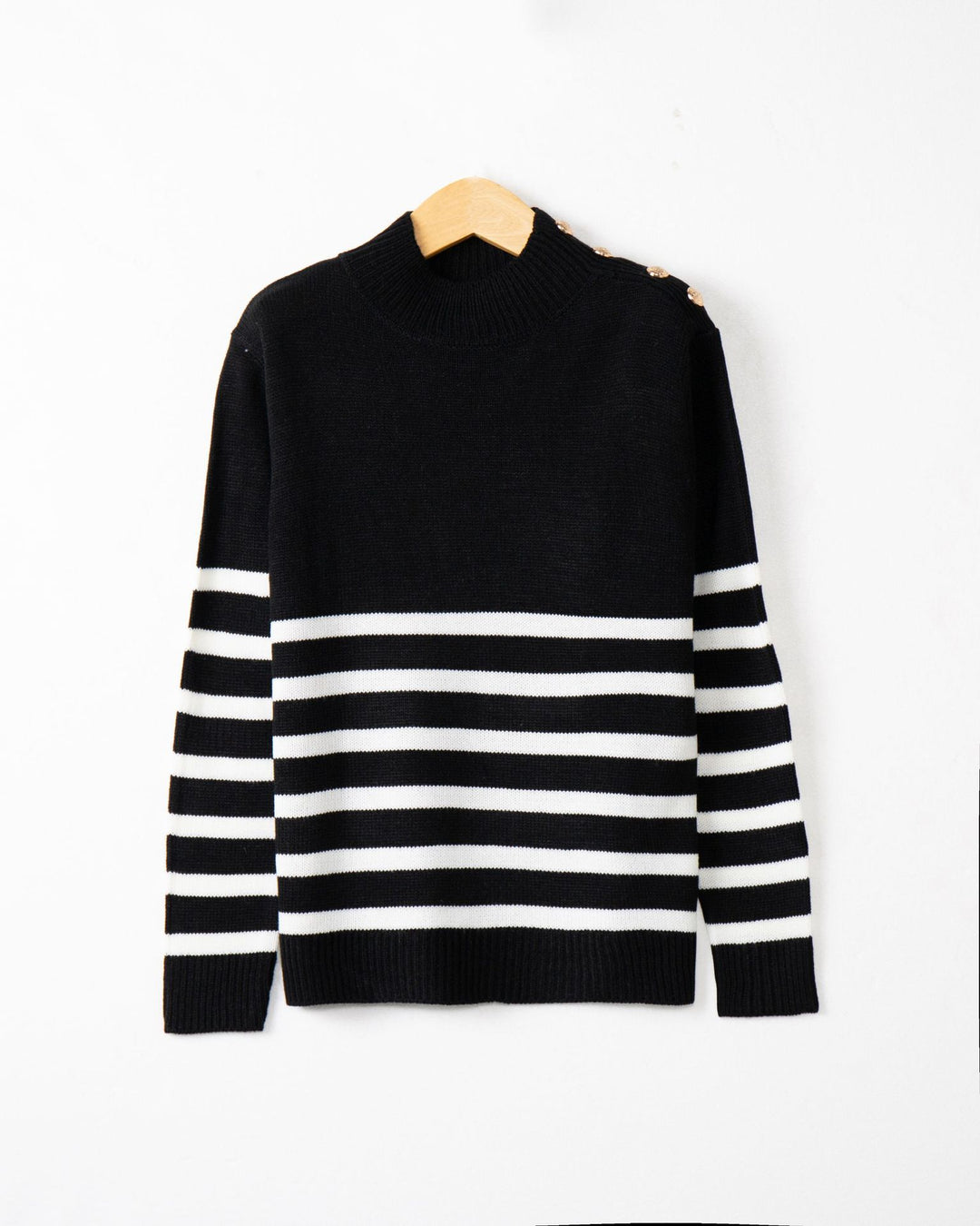 Damen modischer Strickpullover mit Streifenmuster und Knopfdetails EB