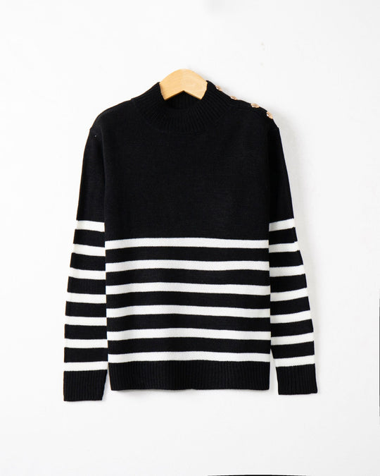 Damen modischer Strickpullover mit Streifenmuster und Knopfdetails EB