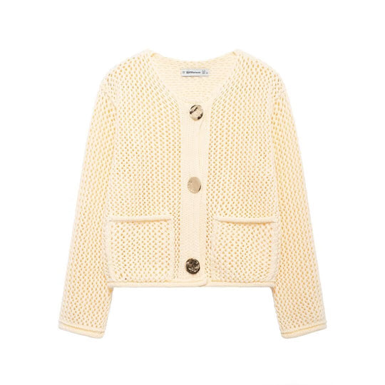 Damen luftiger Strickjacke mit dekorativem Netzdesign und praktischen Taschen EB