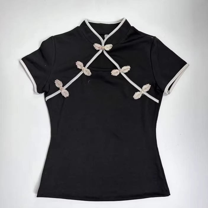 Damen Chinesisch inspirierte Bluse mit modernem Stehkragen und floralen Details EB