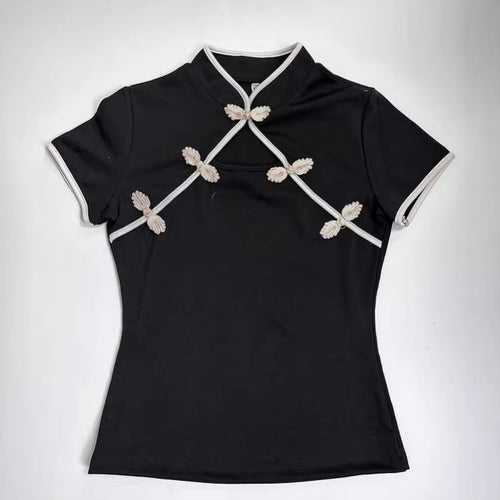 Damen Chinesisch inspirierte Bluse mit modernem Stehkragen und floralen Details EB
