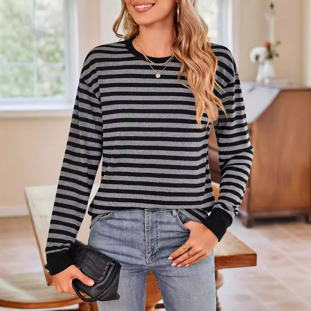 Damen bequemes Langarmshirt mit gestreiftem Design und Rundhalsausschnitt EB