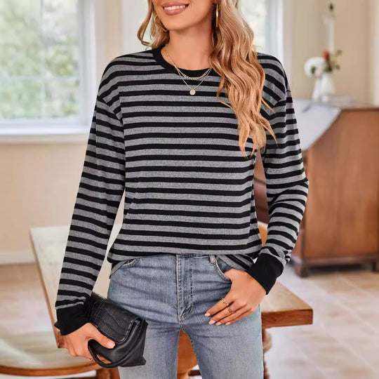Damen bequemes Langarmshirt mit gestreiftem Design und Rundhalsausschnitt EB