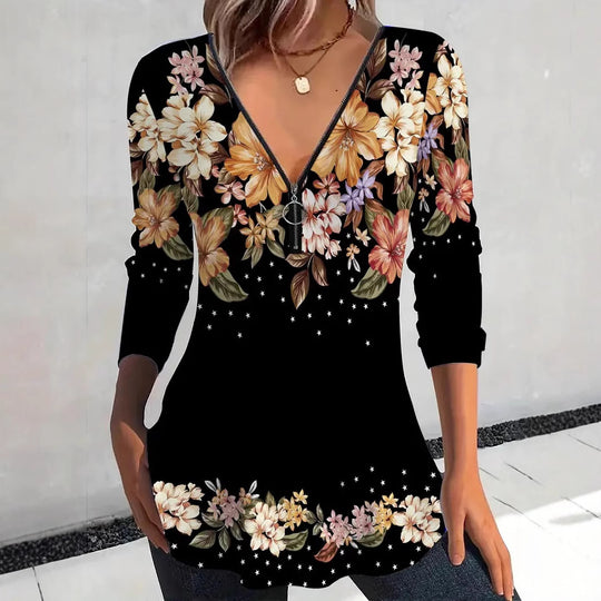 Damen Bluse mit floralem Print und Reißverschluss EB