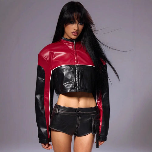 Damen cropped Bikerjacke mit kontrastierenden Ärmeln EB