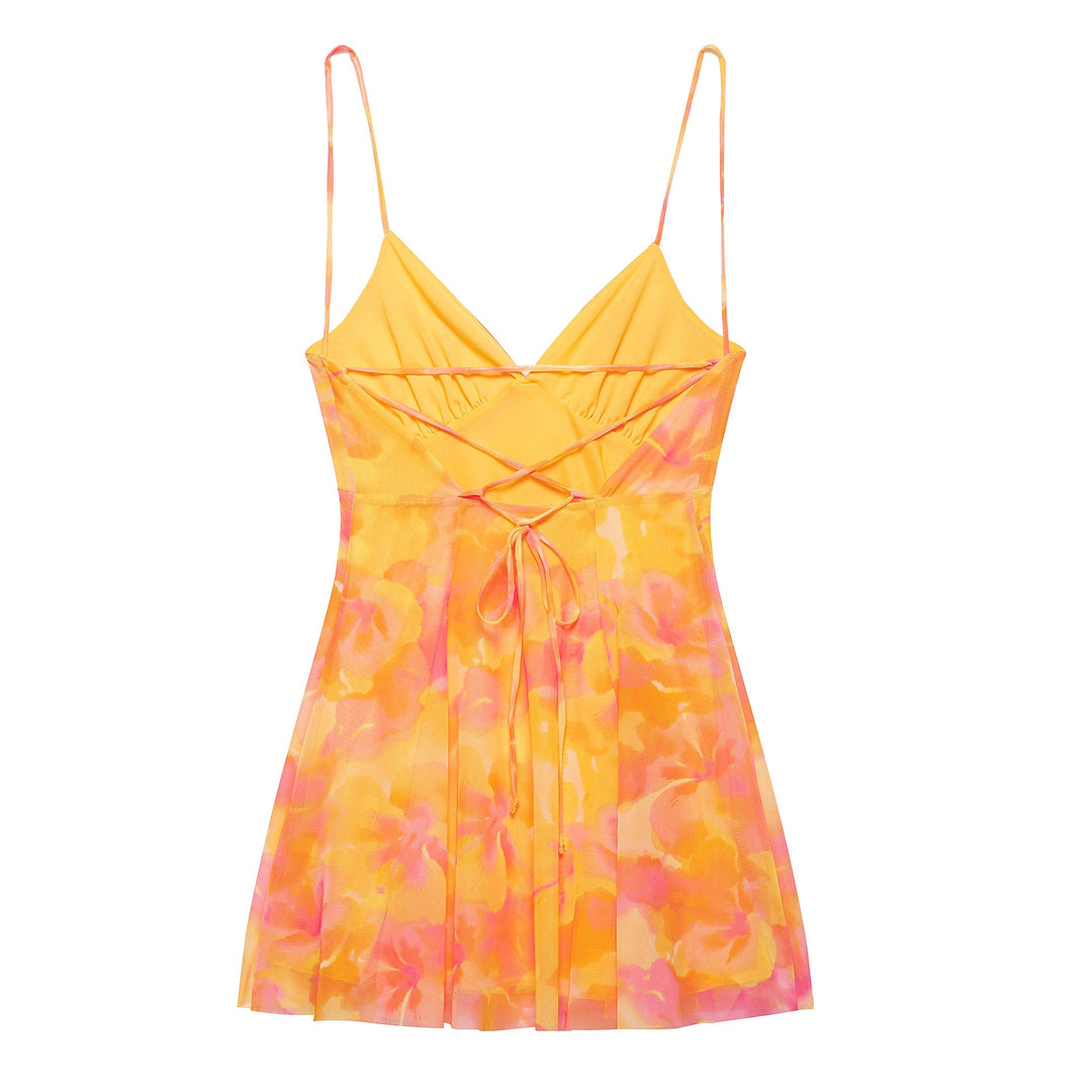 Damen Minikleid mit Floralem Muster und Feinen Spaghettiträgern EB