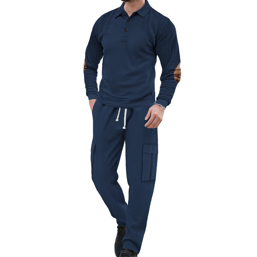 Herren nan geripptes Lounge-Set mit Polokragen Ellenbogenpatches und Cargohose EB