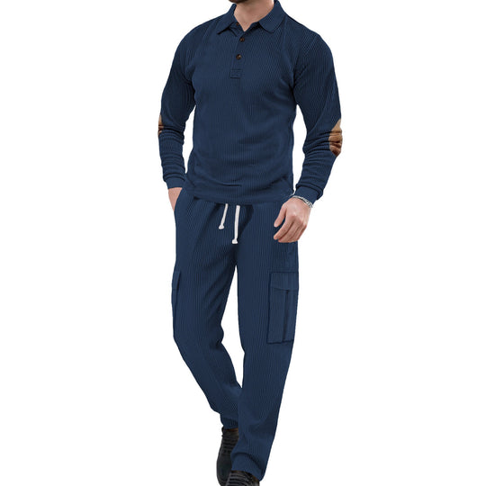 Herren nan geripptes Lounge-Set mit Polokragen Ellenbogenpatches und Cargohose EB