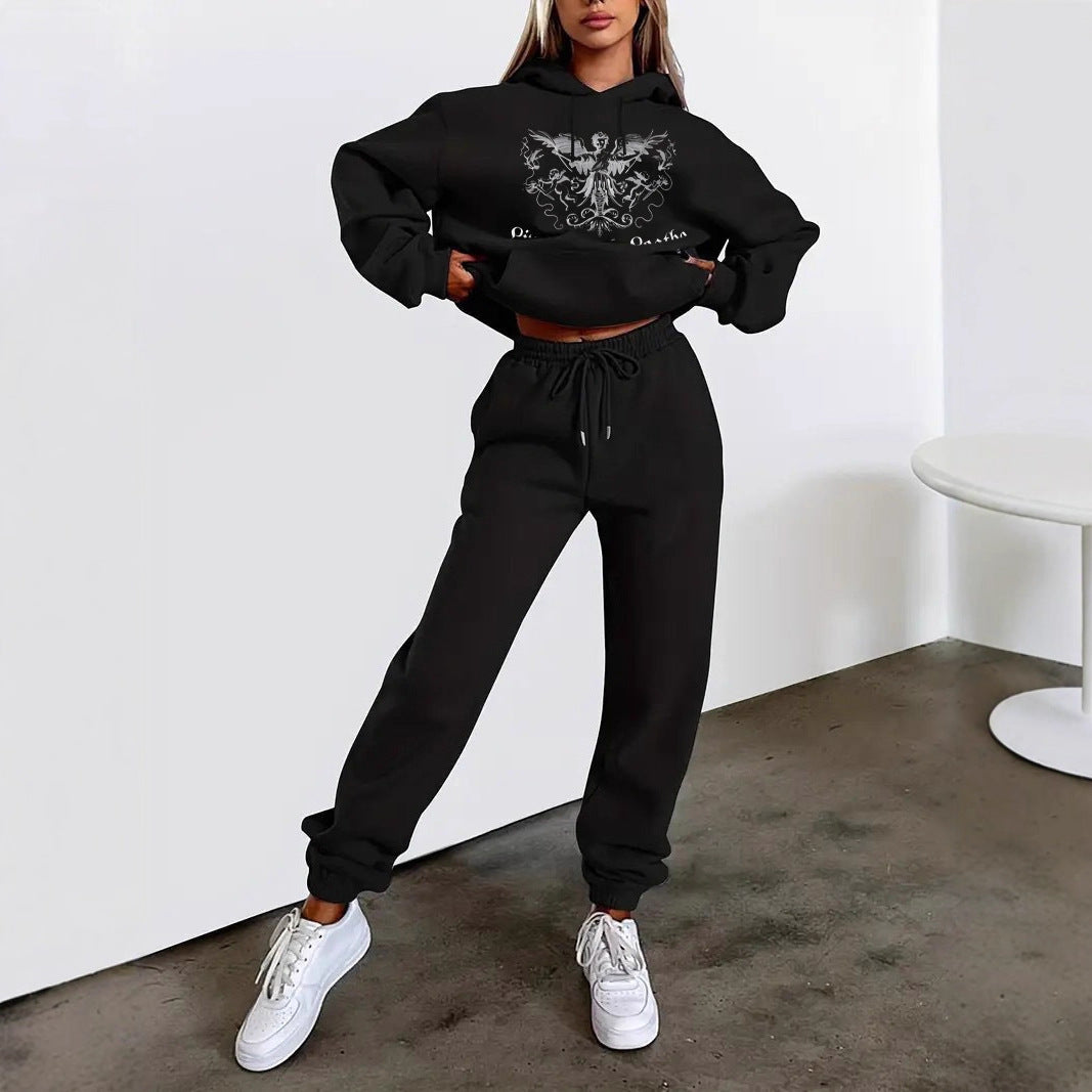 Damen nan zweiteiliges Lounge-Set Kapuzenpullover Cropped und High-Waist Jogginghose mit Engelsmotiv und elastischem Bund EB