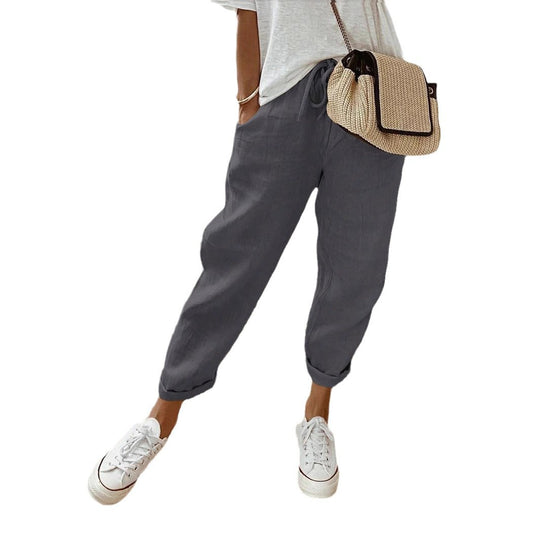 Damen Lässige Leinen-Hose mit elastischem Bund und praktischen Taschen EB