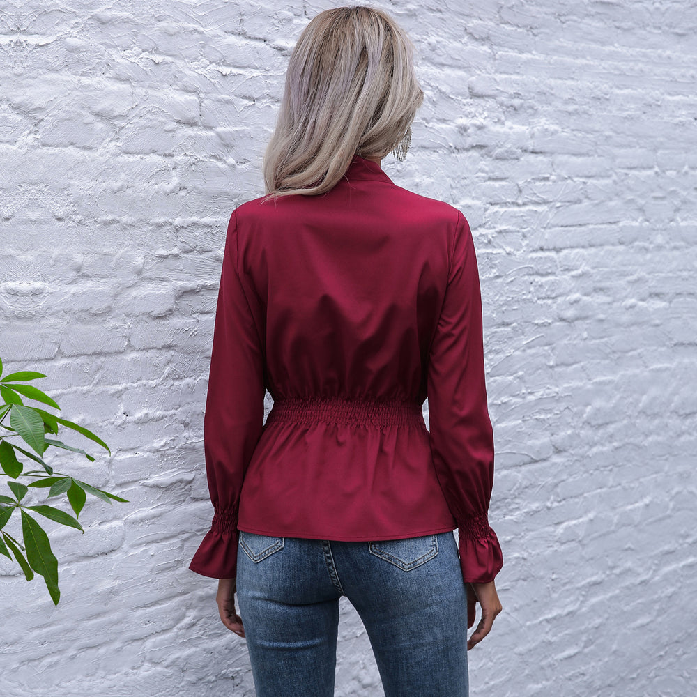 Damen elegante Bluse mit Schleifen-Ausschnitt und elastischem Bund EB