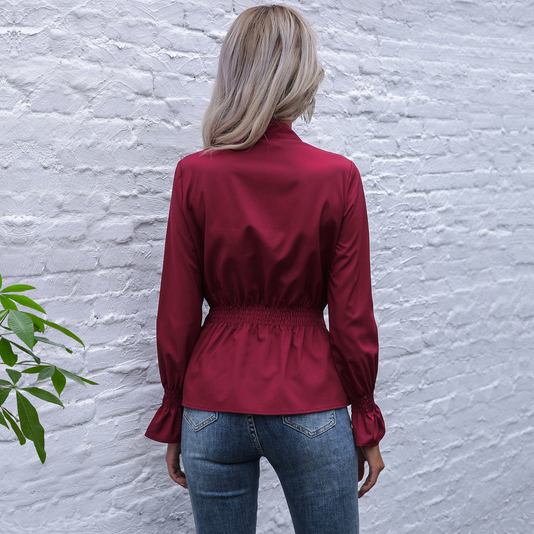 Damen elegante Bluse mit Schleifen-Ausschnitt und elastischem Bund EB