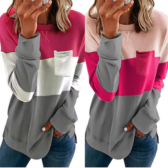 Damen Sportlicher Pullover mit Farbblockdesign und praktischer Brusttasche EB