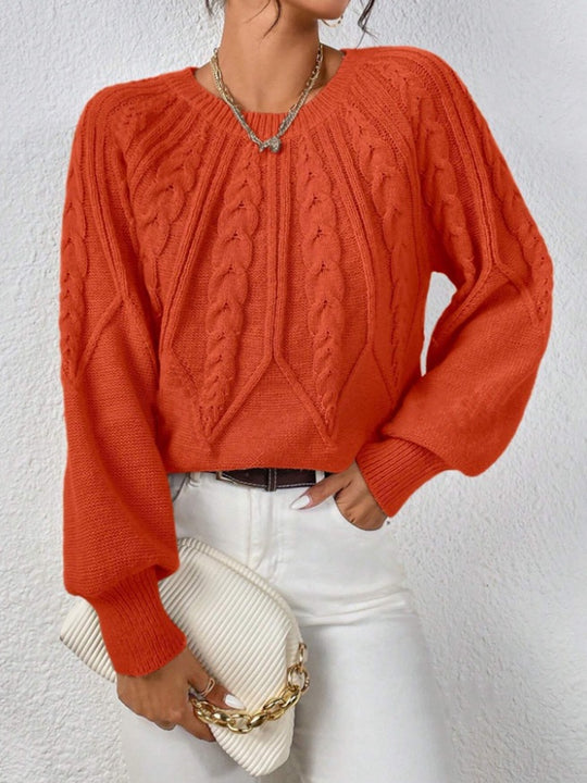 Damen nan kurzer Zopfmuster-Strickpullover mit Ballonärmeln und geripptem Saum EB