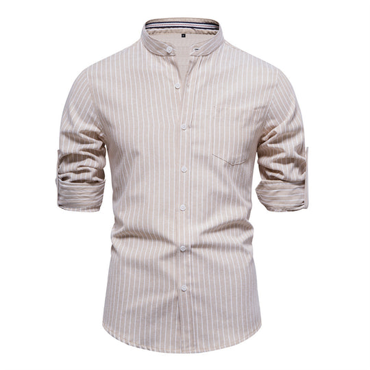 Herren gestreiftes Hemd im modischen Henley-Stil mit Brusttasche und rollbaren Ärmeln EB