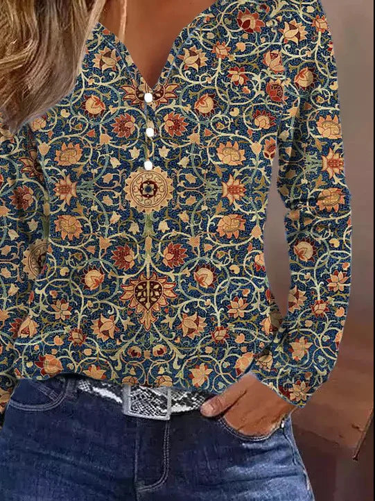 Damen elegantes Langarmshirt mit grafischem Farbverlauf und Knopfdetails EB