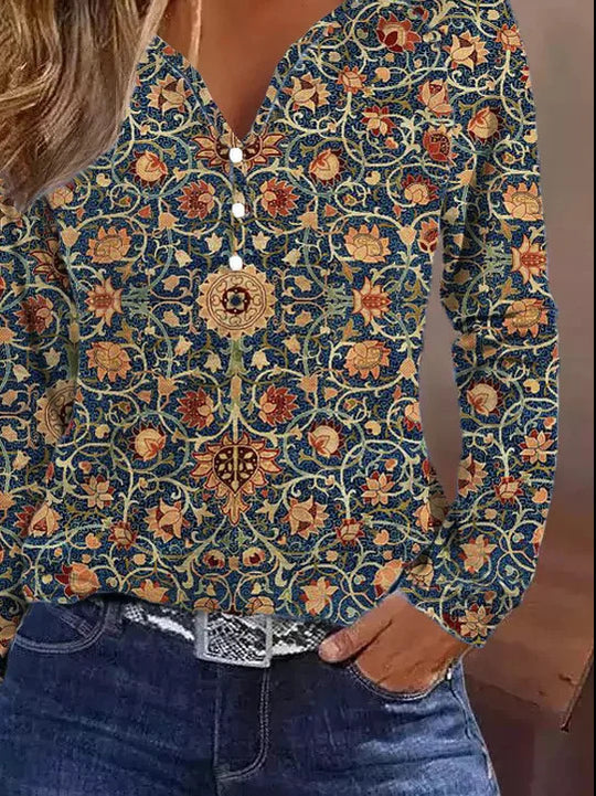 Damen elegantes Langarmshirt mit grafischem Farbverlauf und Knopfdetails EB