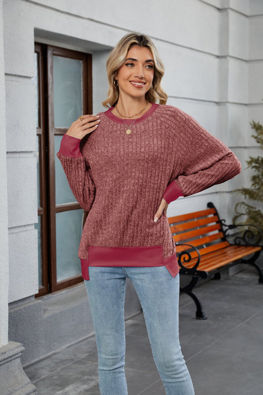 Damen lässiger Pullover mit kontrastierenden Ärmelabschlüssen und einzigartiger Textur EB
