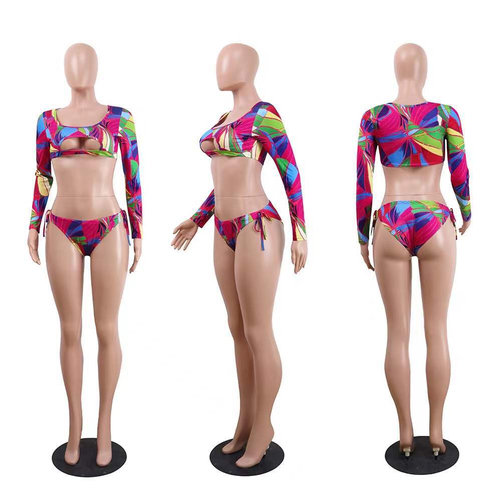 Damen Bikini-Set mit langärmeligen Oberteil und ausgefallenem Muster EB