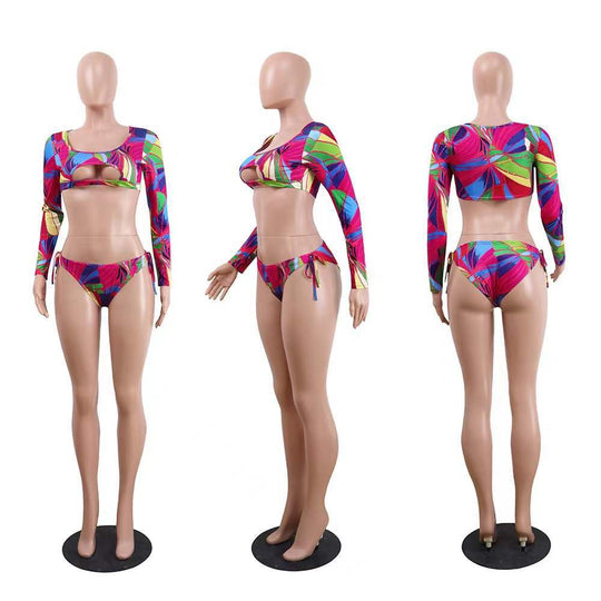 Damen Bikini-Set mit langärmeligen Oberteil und ausgefallenem Muster EB
