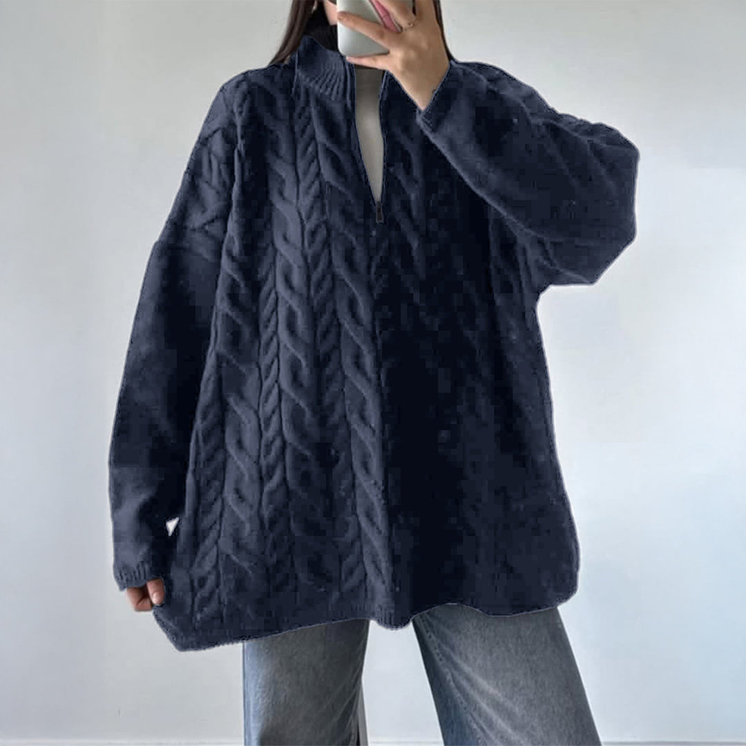 Damen nan oversized Zopfmuster-Troyer mit halbem Reißverschluss, hohem Stehkragen und gerundetem Saum EB