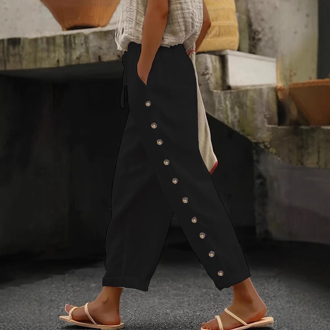 Damen Modische Palazzo-Hose mit Knopfdetails und elastischem Bund EB