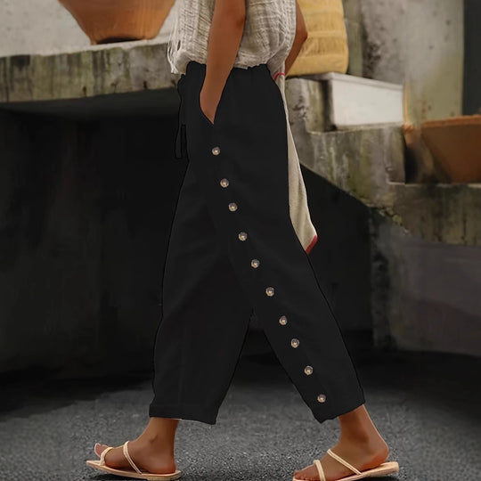 Damen Modische Palazzo-Hose mit Knopfdetails und elastischem Bund EB