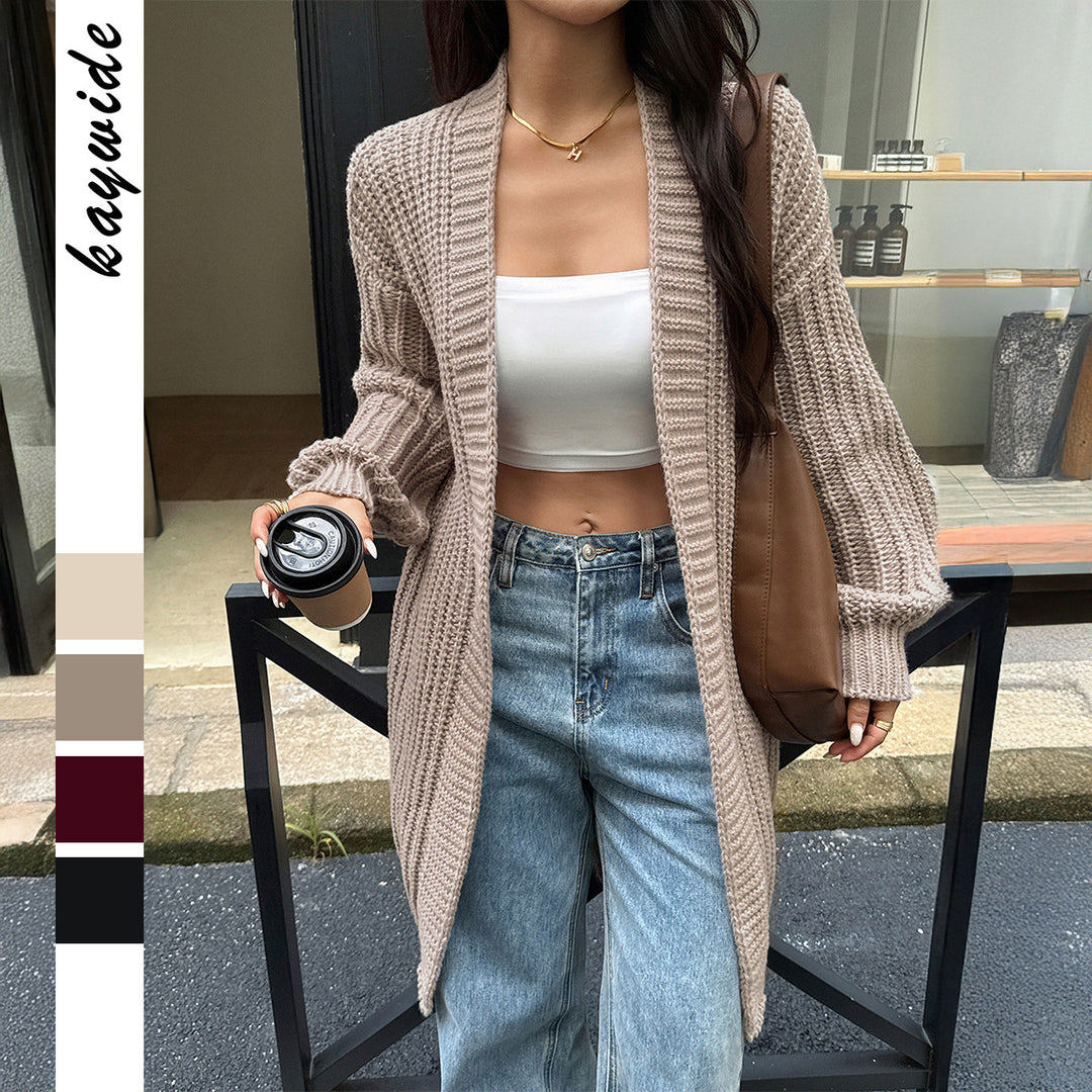 Damen nan lange Grobstrick-Cardigan mit offener Front und Ballonärmeln EB