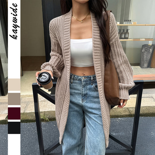Damen nan lange Grobstrick-Cardigan mit offener Front und Ballonärmeln EB