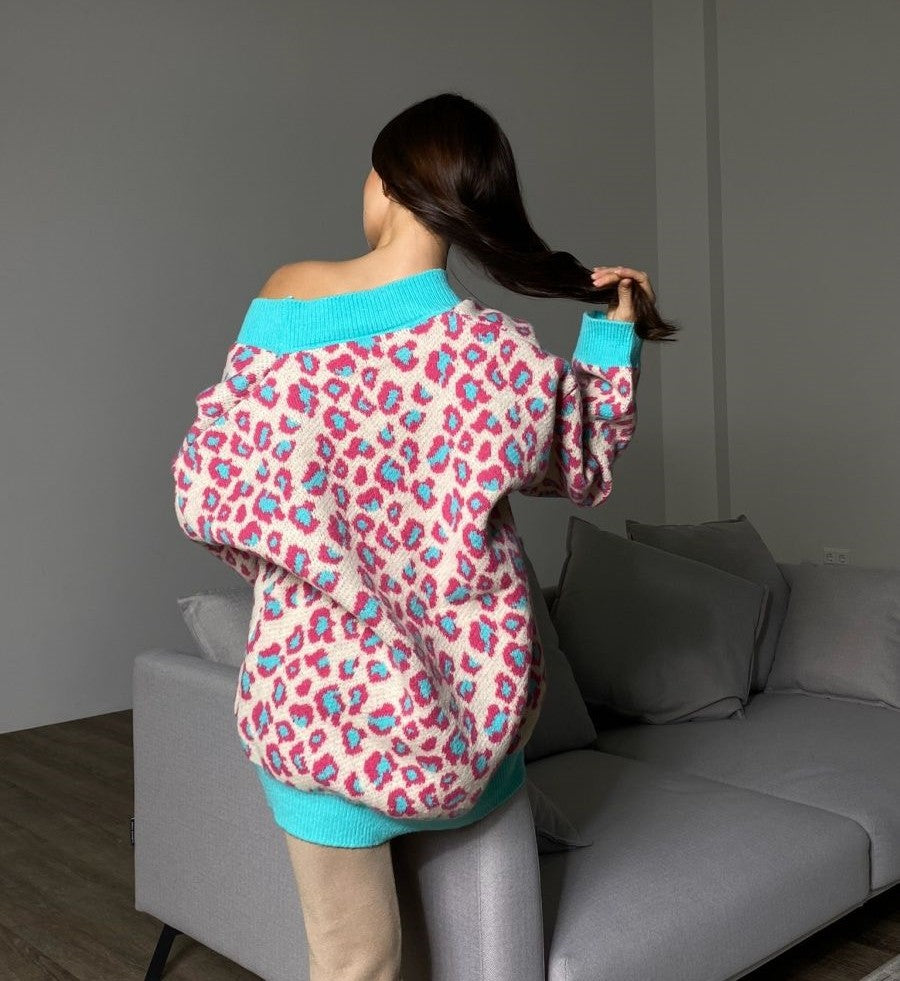 Damen Off-Shoulder Strickpullover im trendigen Leopardenmuster EB