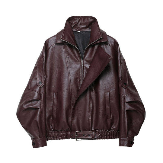 Damen modische Kunstlederjacke mit elegantem Schnitt und verstellbarem Taillengürtel EB