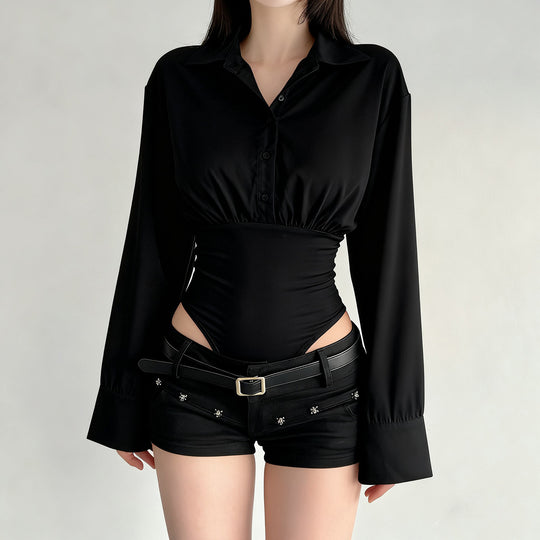 Damen eleganter Bodysuit mit feinem Kragen und Knopfdetails EB