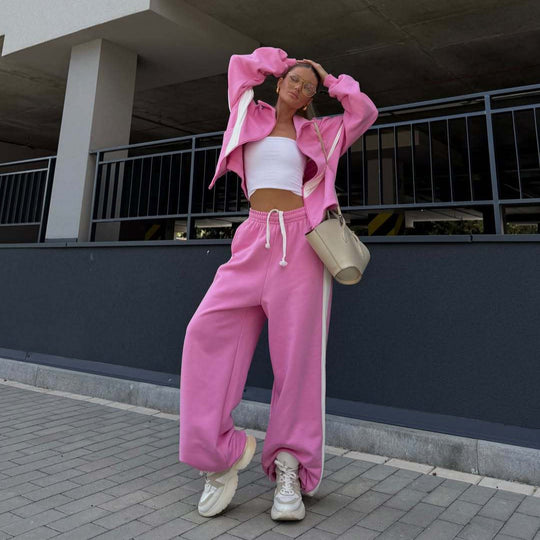 Damen Zweiteiliges Oversized Windbreaker-Set mit Kontraststreifen, Elastischem Saum und Tunnelzughose EB