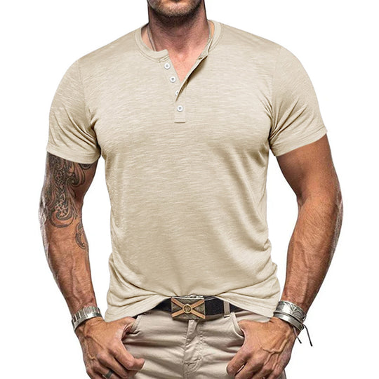 Herren Kurzarm-Henley-T-Shirt aus atmungsaktivem Baumwollmix mit modernem Schnitt EB