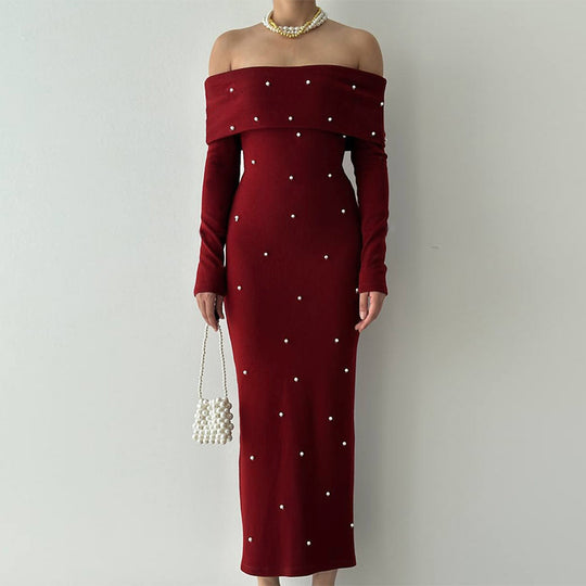 Damen schulterfreies Maxikleid mit eleganter Perlenverzierung und figurbetontem Schnitt EB
