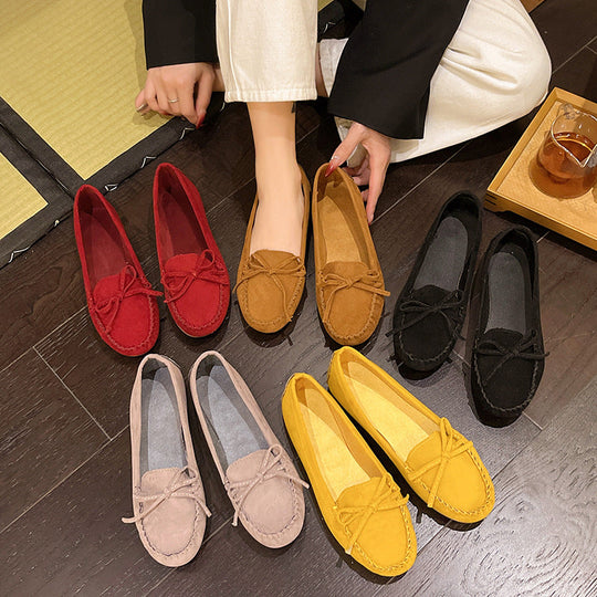 Damen Casual Wildleder Mokassin Ballerinas mit Dekorativer Schleife EB