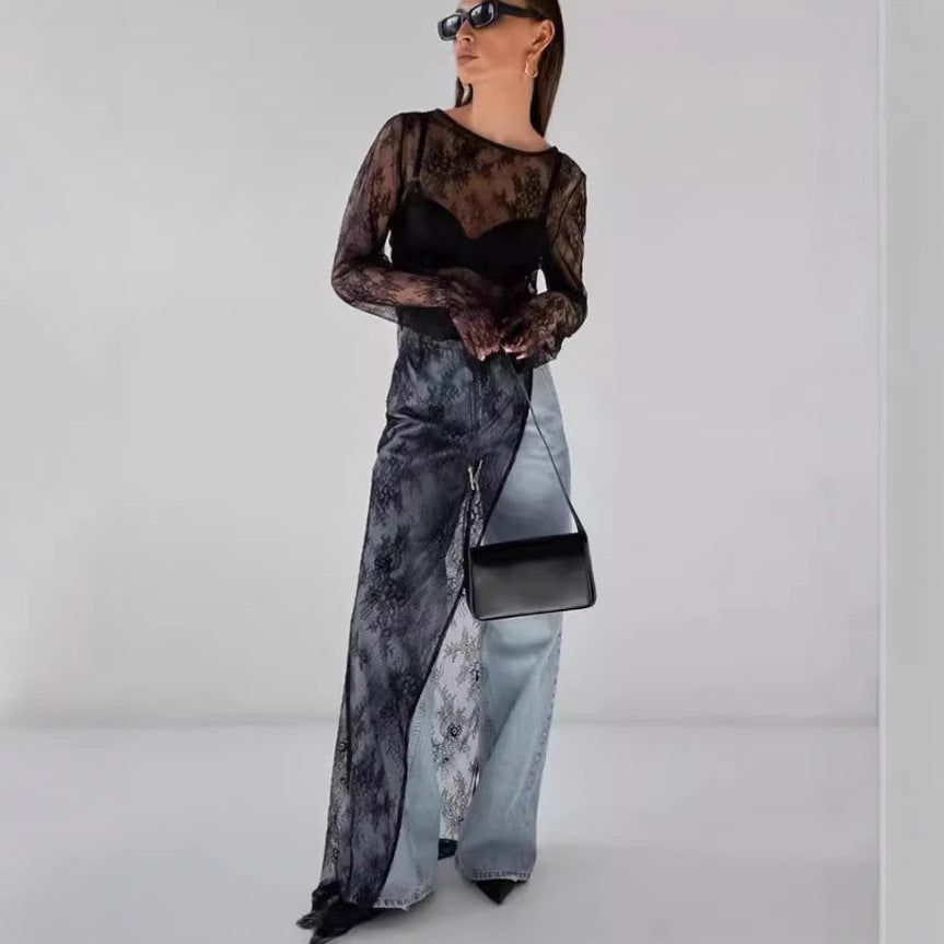 Damen transparente Spitzenbluse mit langen Ärmeln und lässigem Rückenausschnitt EB